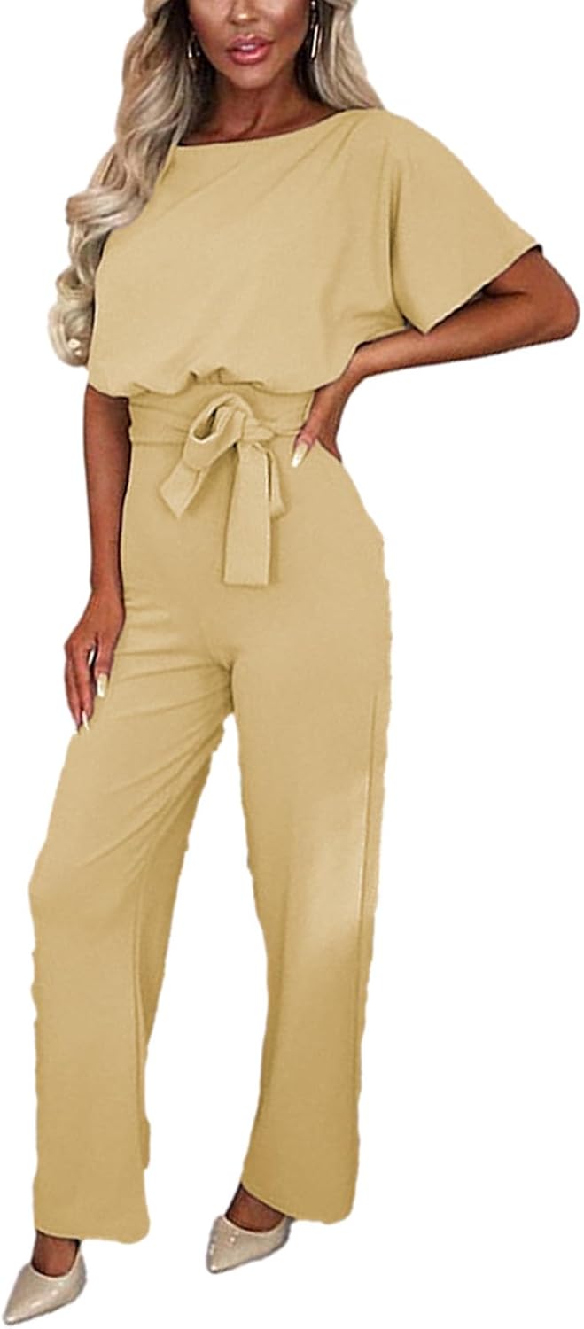 amropi Women's Short Sleeve Jumpsuits Belted Wide Leg Long Pant Romper - Image 2
