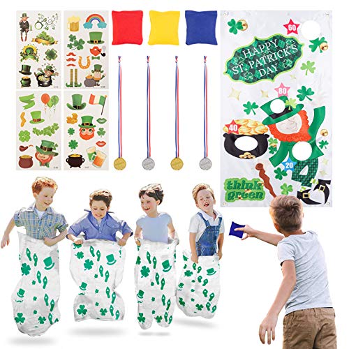 17PACK St.Patrick's Day Games for Kids with Potato Sack Race Bags, Bean Bag Toss Game, Saint Patricks Day Stickers for Family/School Classroom/Group Activities,Shamrock Party Game Supplies.
