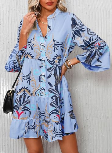 Image of Summer Dresses for Women 2026 Flowy Ruffle 3 /4 Sleeve V Neck Tiered Casual Babydoll Boho Beach Mini Dress