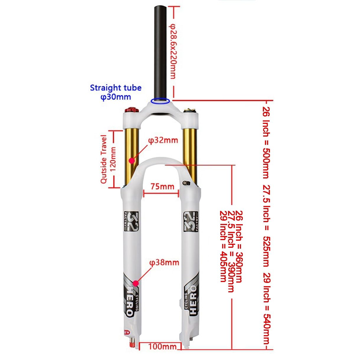 Forcella Anteriore per Bicicletta MTB Ultraleggera, sterzo Dritto, Ammortizzazione ad Aria da 1-1/8 per Mountain Bike, SXSHEYSs, 26, 27,5, 29 Pollici, Escursione 120 mm, sgancio rapido 100 * 9