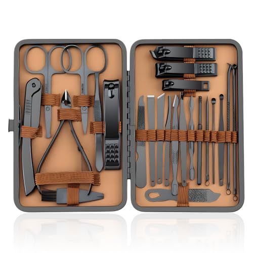 Maniküre Set 24 Teile, Edelstahl Nagelset mit Ledertasche, Professionelle Beauty Nagelpflege Kit, Nagelset Unisex, für Zuhause und Unterwegs, Schwarz