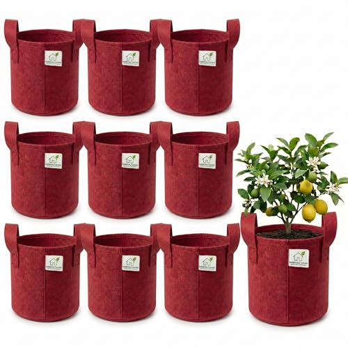 Image of 400 GSM Geo Fabric Round Grow Bags 8x8 Inch with Handle, Red Planting Bags for Terrace and Kitchen Gardening Pack of 10