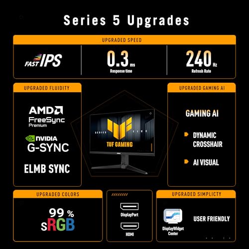 Image of ASUS TUF Gaming Series 5 27 inch 1080P Monitor (VG279QML5A) - Fast-IPS, 240Hz, 0.3ms, G-SYNC Compatible, FreeSync Premium, 99% sRGB, Height Adjustable, DisplayWidget, Gaming AI, 3 yr Warranty