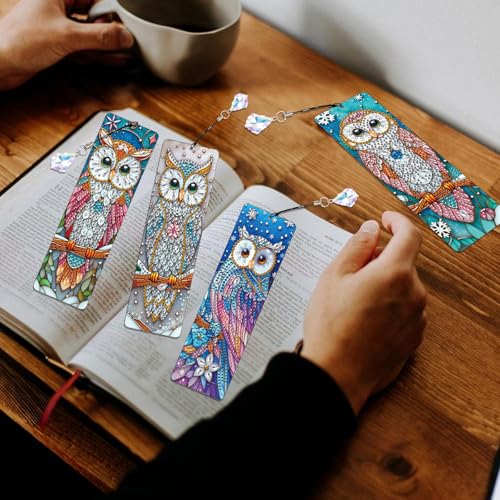 Image of 4 Pcs Diamond Painting Bookmarks, Owl DIY 5D Special Shaped Rhinestone Bookmark Kits for Adults, Handmade Diamond Art Bookmark with Tassel Pendant for Reading Gifts