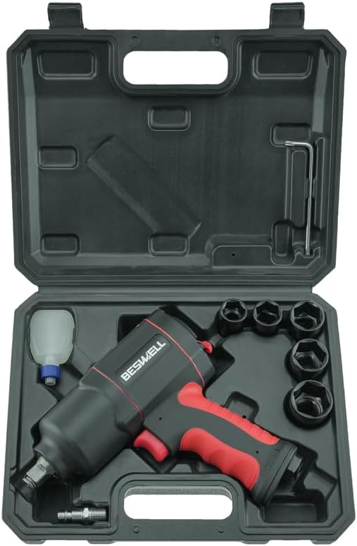 BESWELL 10Pcs 1/2" Air Impact Wrench Set, Auto Repair/Garage, 1180 Ft-Lbs | Powerful twin hammer impact wrench. Comes with 5pcs CR-V steel sockets and carrying case for easy automotive tire service.