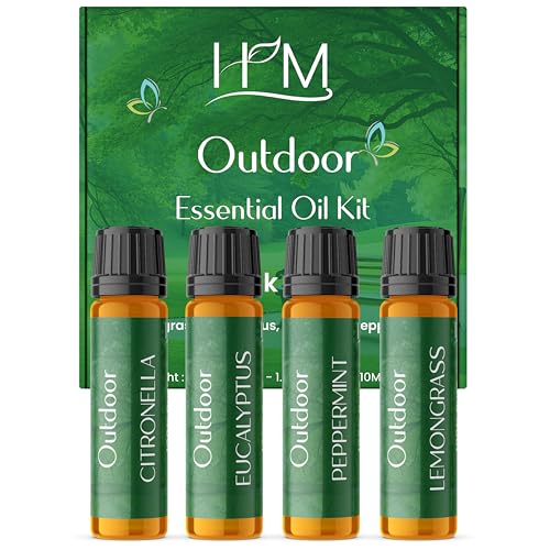HM Outdoor Essential Oil Kit 4 Pack | Gift Set | Lemongrass Eucalyptus Citronella Peppermint | Refreshing Aromatherapy for Camping Patio & Outdoor Use 1.35 FL OZ Each
