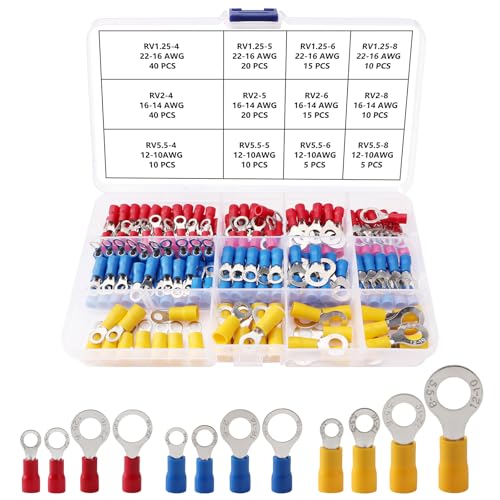 Lyeteung 200 Pezzi Set Connettori Terminali ad Anello a Crimpare, Occhiello Anello Isolati Capicorda, Isolati Capicorda Elettrici Crimp, per Riparazioni Automobilistiche, 22-10 AWG