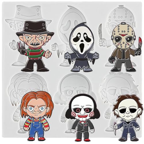 MINFEIDMS Horror Characters Silicone Moulds Scary Movie Characters Fondant Mould Halloween Friends Mould for Sugar Cake Decorating Cupcake Topper Candy Chocolate Gum Paste Polymer Clay