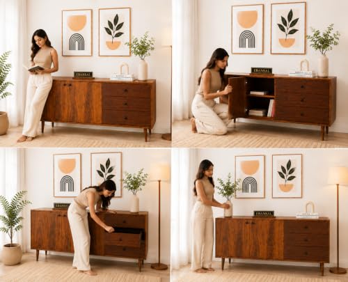 Image of Solid Sheesham Wood Sideboard Cabinet with 3 Drawers & 2 Door Storage | Wooden Buffet Cabinet for Dining Room | Modern Storage Console for Living Room & Entryway