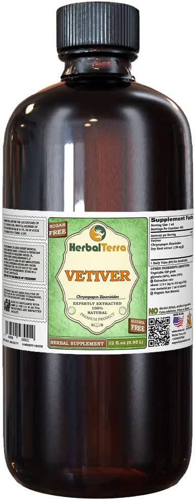 Vetiver (Chrysopogon Zizanioides) Dried Herb Alcohol-Free Liquid Extract (Brand Name: HerbalTerra, Proudly Made in USA) 2x2 oz