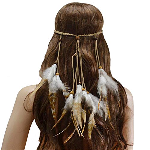Bmadge Indian Feather Headband Tassel Rope Bridal Headpiece Hippie Boho Festival Rave Party Costumes Hair Accessory for Women and Girls