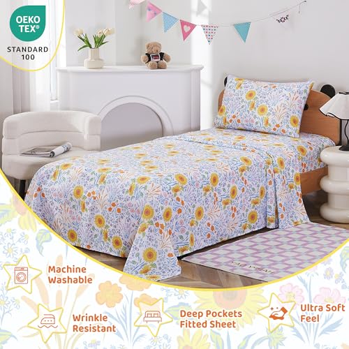 Image of Viviland 3 Pieces Girls Floral Spring Twin Sheet Set - Soft Microfiber Fitted Flat Sheets & Pillowcase Bed Sheet Set - Summer Sunflower Print Bedding Sets for Kids