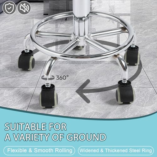 Image of Rolling Stool with Wheels - 500lbs,Thick 9.5cm Cushion, Height Adjustable | PU leather|Swivel silent rubber casters|Foot pedal ring|space-saving|For Drafting salon tattoo clinic garage home office