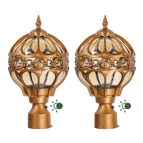 Dusk to Dawn Globe Outdoor Lamp Post Lights for Lawn Garden Yard Driveway, Brass Sphere Outside Post Light, Pier Mount Pillar Post Lighting Fixtures, Soccer Ball Exterior Pole Post Light(2 Pack)