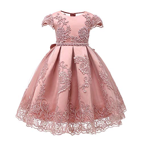 Pink Lace Beaded Pearls Kids Prom Puffy Tulle Flower Girls Dresses Ball Gowns (Pink, 2)
