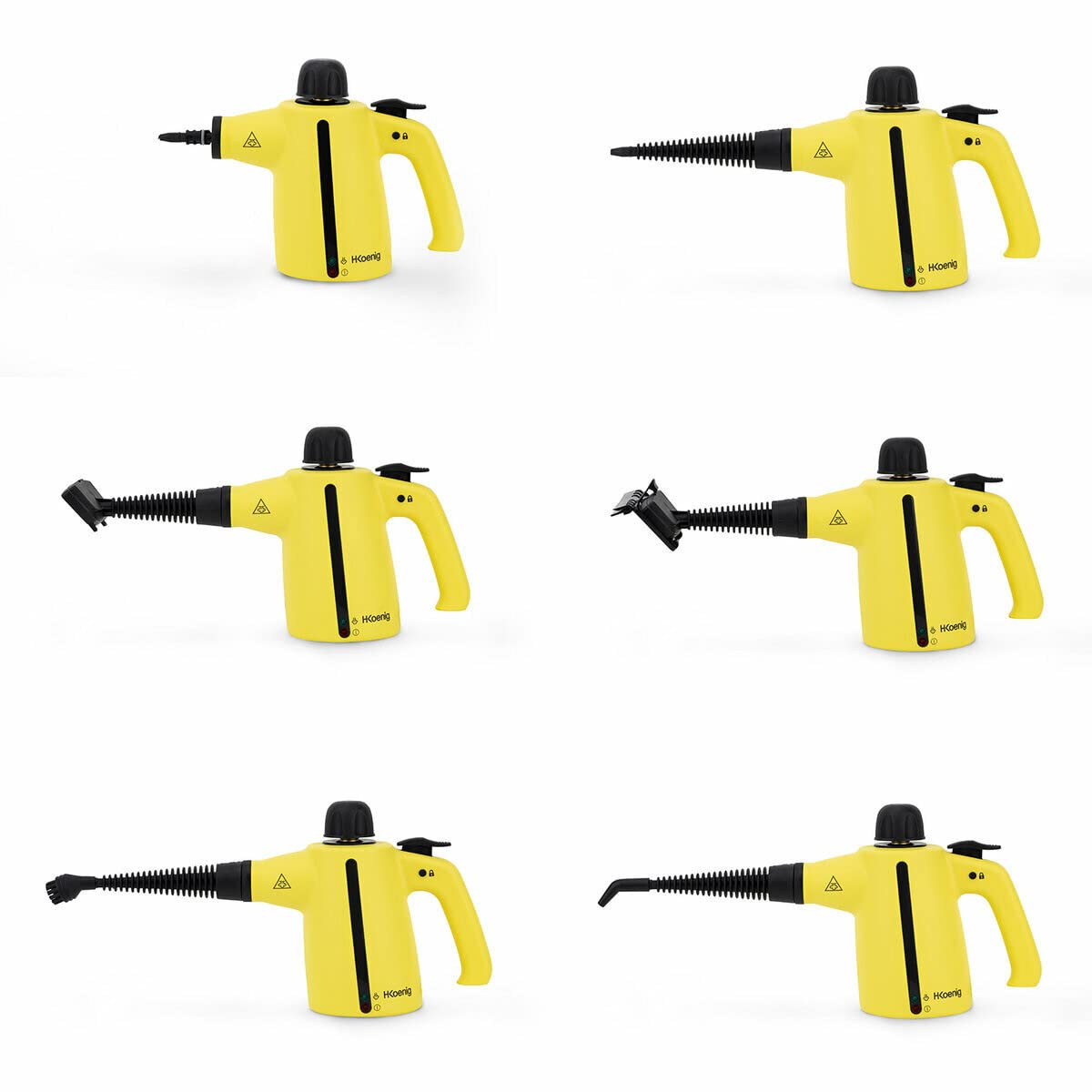 h.koenig NV700 Pulitore a vapore, Portatile con estensione per pavimenti + Accessori, Multiuso, 3.5 bars, 350ml,1050W, Nero/Giallo