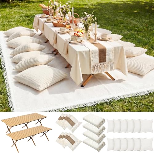 Novabright Picnic Kit Folding Picnic Table Extra Large Outdoor Boho Blanket Beige Table Runner Floor Pillow Covers Woven Cotton Oversize Washable for Camp Wedding(Cream White Pillow Covers 20 Pcs)