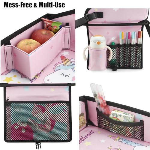 صينية سفر للأطفال من كاست ويف مخصصة لمقعد السيارة، طاولة ركب مع حامل للتابلت، مساحة لتخزين الوجبات الخفيفة وحامل للأكواب، طاولة أنشطة للرحلات على الطريق للفتيات الصغيرات للرسم، الأكل، واللعب
