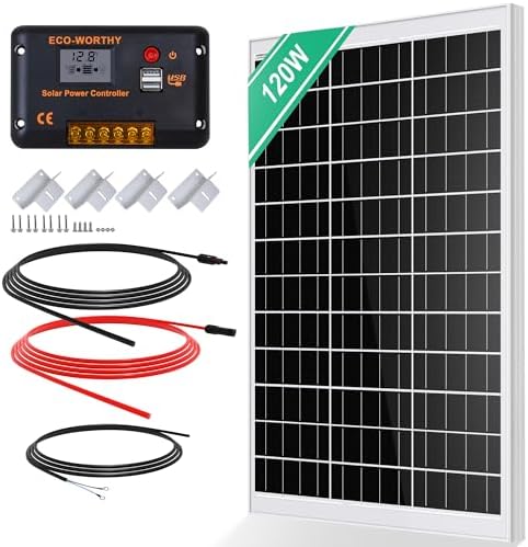 ECO-WORTHY Kit Panneau Solaire 120W Panneau Solaire 12V 120W + Co...