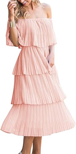 Miniatura 3 de ETCYY Vestido largo de gasa con volantes y hombros descubiertos para mujer, para invitada de boda, holgado, casual, para fiesta, playa, vestido largo