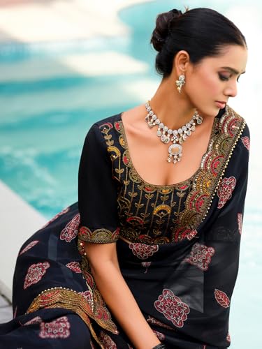 Image of Satrani Women's Georgette Bandhani Printed Sequence Lace Work Scalloped Border Saree with Unstitched Blouse Piece