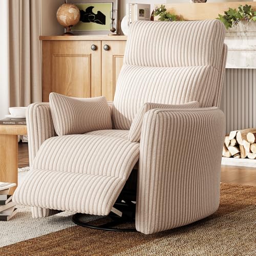 LINSY 360 Swivel Rocker Recliner – Corduroy Nursery Glider Rocking Chair with 2 Pillows, Comfy High Back Adult Recliner for Small Spaces, Nursery Bedroom Living Room Reclining Chairs (Beige)