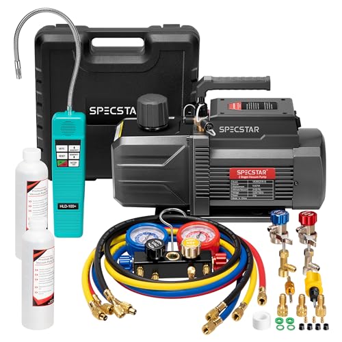 Image of SPECSTAR 110V 1 HP 9.6CFM Dual Stage HVAC Vacuum Pump and 4 Way AC Manifold Gauge Set Kit with Leak Detector 5ft Hoses for R134a R12 R22 R502 R410a Air Conditioning Refrigeration Recharging