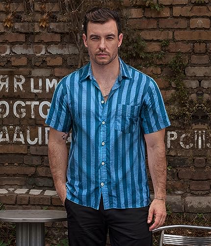 Image of VATPAVE Mens Striped Summer Shirt Casual Button Down Short Sleeve Beach Shirts Cotton Shirts for Men
