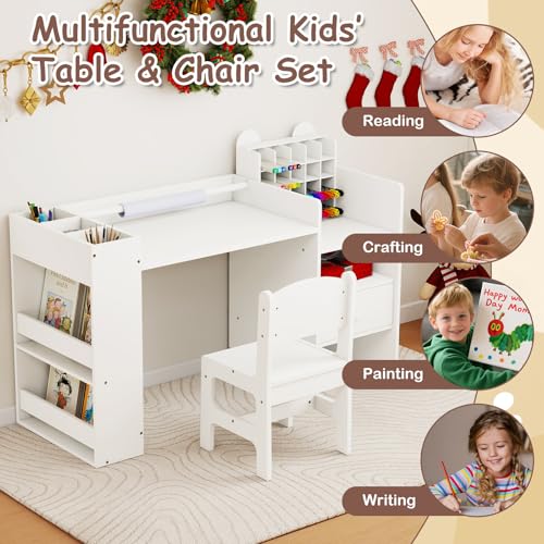 Image of Costzon Toddler Table and Chair Set, 2-in-1 Art Desk Set with Paper Roll | Drawing Table and Stool w / Cubby Cabinet, Storage Drawer and Side Book Rack for Drawing, Studying, Reading & Activity Play