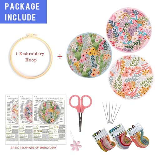Image of LB Pink Floral Embroidery Kit for Beginners Adults, 3 Sets Hand Embroidery Starter Kit with Cactus Flower Pattern and Instructions Stamped Cross Stitch Kits Include Embroidery Hoop Needles Threads