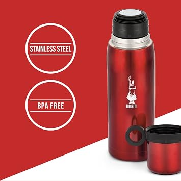 Bialetti - Thermos - 460mL - Red Color - Stainless Steel - Double Layer - Keeps 12 Hours Hot 24 Hours Cold - Glass Lid Feature