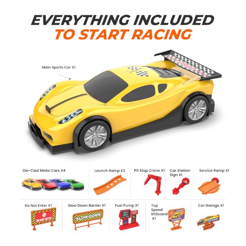 Image of Mirana Car-in-Car Garage Toy for Kids | 4 Diecast Metal Alloy Cars Playset | Foldable Storage with Handle | Store Upto 16 Vehicles | Birthday, Diwali, Return Gift for Boys & Girls 18+ Months (Yellow)