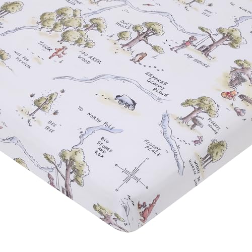 Image of Disney Classic Winnie The Pooh Sage, Tan, and White, Map of 100 Acre Woods Super Soft Nursery Fitted Mini Crib Sheet