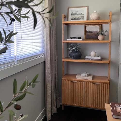 Nathan James Jasper 3-Shelf Solid Wood Boho Bookshelf, Wall Mounted Bookshelf with Cabinet with Fluted Doors, Natural Brown - Image 6