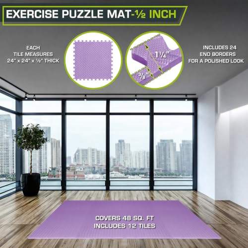 Image of ProsourceFit Exercise Puzzle Mat 1 /2-inch, EVA Interlocking Foam Floor Tiles for Home Gym, Workout Equipment, Kids Play Areas, Purple, 48 SQ FT - 12 Tiles