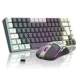 RedThunder K84 Combo Tastatur und Maus, kabellos, AZERTY, Französisch, wiederaufladbarer Akku mit RGB-Hintergrundbeleuchtung, in Wabenmuster, 3200 dpi (weiß-grau)