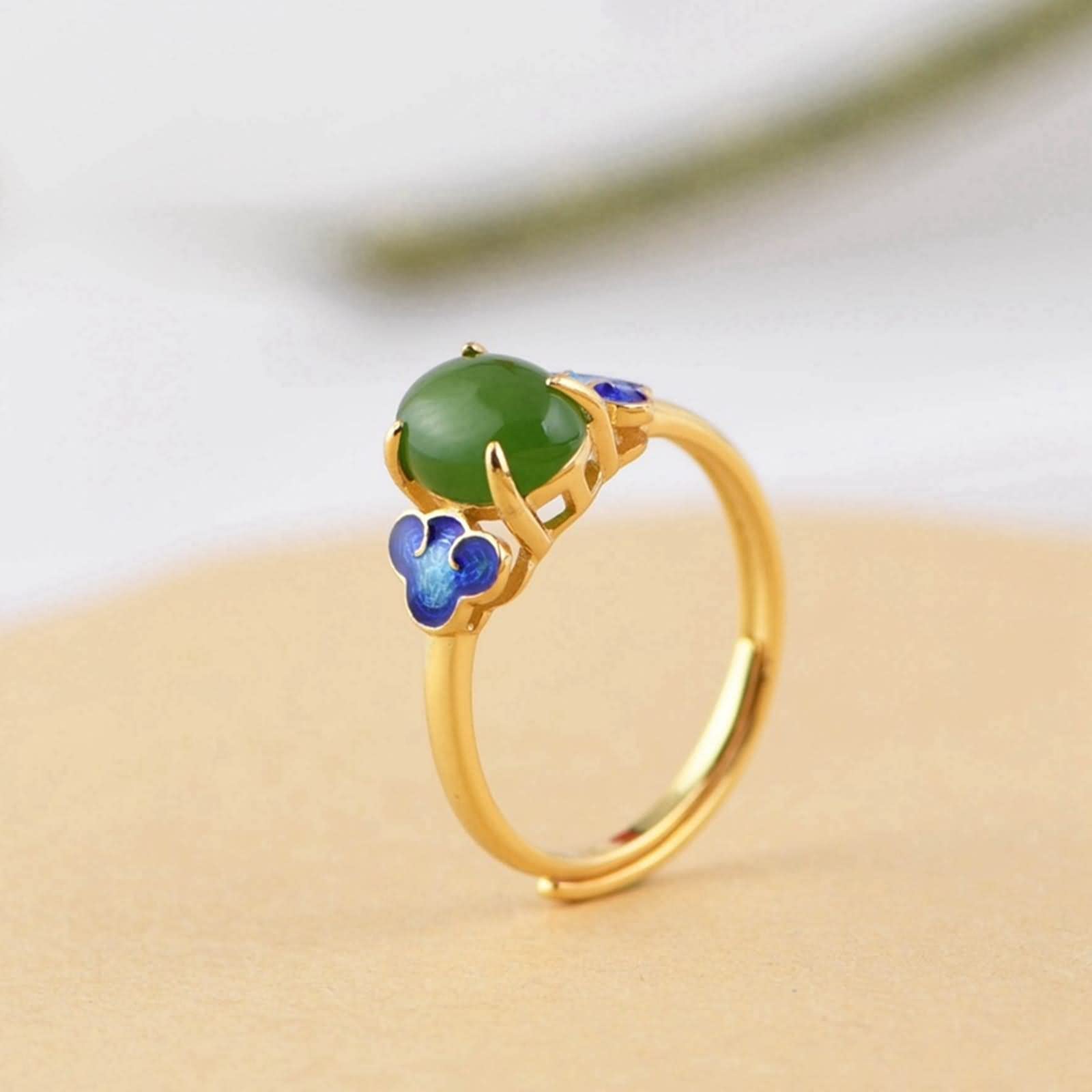 Anillos de nudillos para mujer, plata de ley, anillos de acero inoxidable dorado para mujer, ovalados con piedra verde ajustable (M 1/2-S 1/2), Adjustable(M 1/2-S 1/2), Plata de ley, Piedra