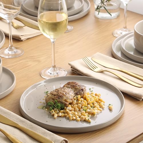 Image of Gibson Elite Moonstone 12 Piece Modern Stoneware Dinnerware Set for 4, Grey Plates and Bowls Set, Dinner Plates, Salad Plates, Bowls