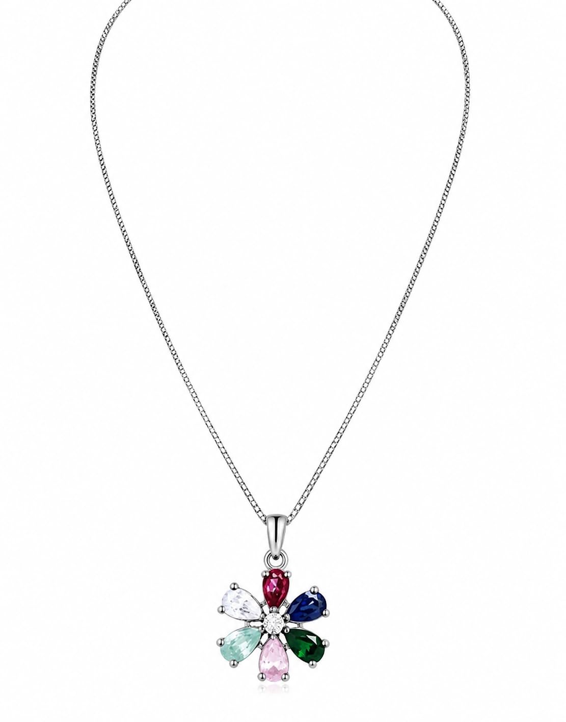 Multicolour Floral Design Pendant Necklace for Women and Girls, Silver-Toned Chain with Crystal Stones-image-49