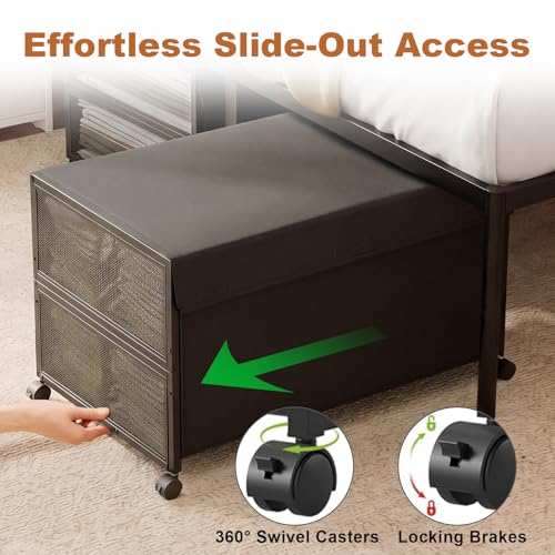 Image of Fokyfok 2Pack Under Bed Storage Containers,16 inch Height,31 inch Long | Under Bed Shoe Storage,Underbed Storage with Wheels,Large Rolling under bed Clothes Storage Drawers,Lid,Dorm Tall,Black