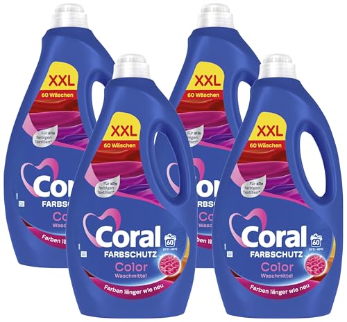 Coral Colorwaschmittel Optimal Color XXL Flüssigwaschmittel für länger strahlende Farben mit Farbpflege-Kraft natürlicher Herkunft 60 WL (Packung mit 4)