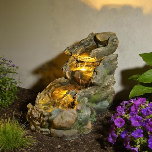Image of Sunlinua 37 inch L Outdoor Water Fountain with 3 Tiers Cascading Realistic Tree Trunk Waterfall Fountains with LED Lights Outdoor Water Fountain for Garden Patio Backyard Porch Home Decor