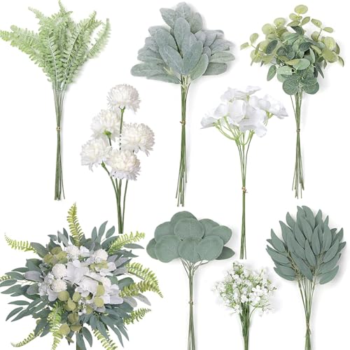 65 Stück Künstliche Zweige & Kunstblumen,Künstliche Blumen Wie echt,Weiß Blumen Blätter Künstlich Dekozweige,Trockenblumenstrauß,Weiß Kunstblumen für DIY Brautstrauß Hochzeit Tischdeko