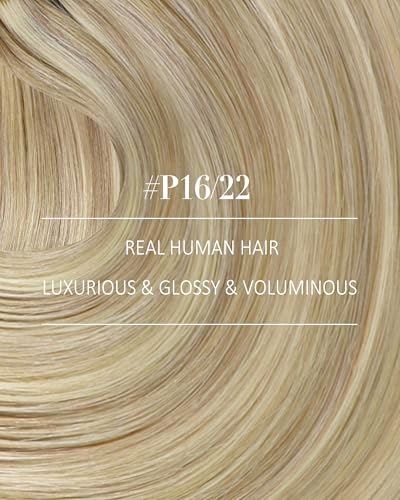 Image of YoungSee Blonde Clip in Hair Extensions Real Human Hair Light Blonde Highlighted Golden Blond Clip on Hair Extensions for Women, Long Straight Hair Clip in Extensions 22 Inch 120G 7Pcs
