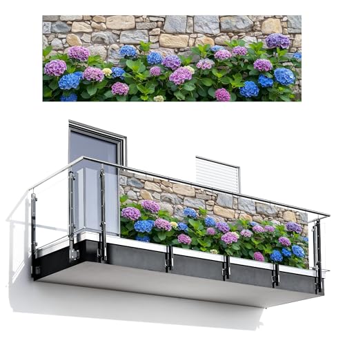 MuchoWow© Balkongeländer Sichtschutz Einseitig 100x300 cm Groß PVC Garten Windschutz Seitlich ohne Bohren Wetterfest Zaunsichtschutz Terrasse Balkon Abdeckung Blumen - Steinoptik - Bunt