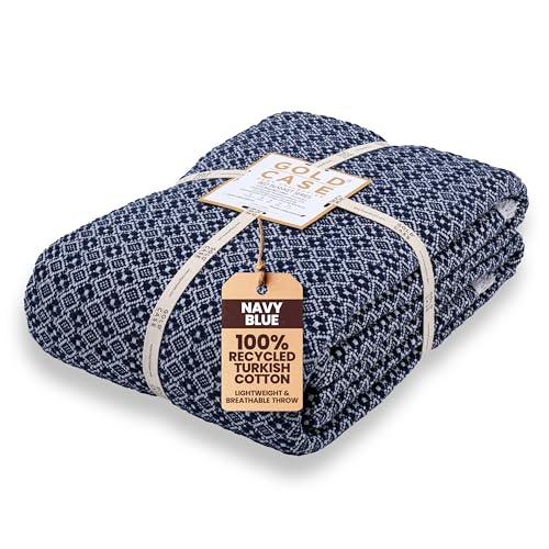Gold Hülle Überwurfdecke für Bett – 100 prozent recycelte türkische Baumwolle – Retro, leichte, weiche Überwurfdecken für Bett & Wohnzimmer – Queen-Size-Größe, gemütliche Decken – 90 x 90 cm – Marineblau