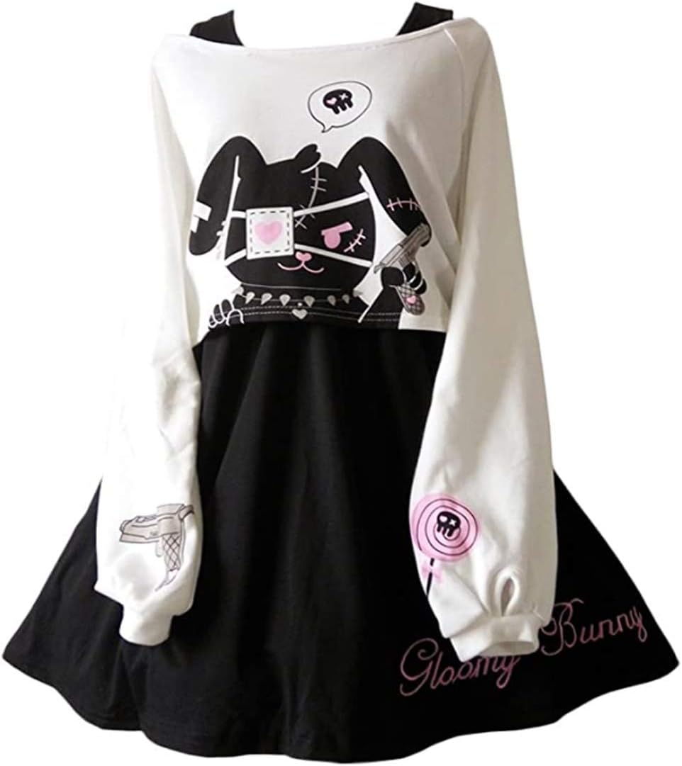 Women Girls Dresses Kawaii Rabbit Print 2 Pieces Japanese Fancy Dress Black White Cotton