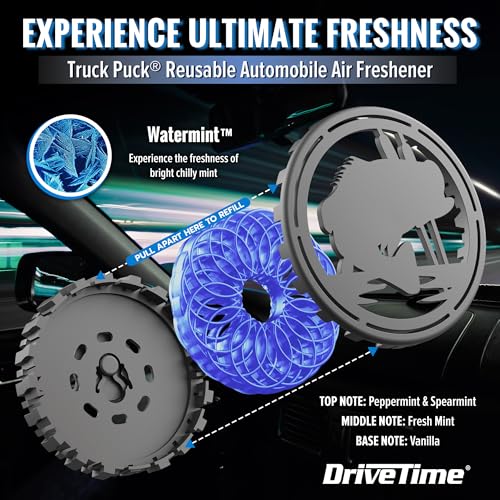 Image of Drive Time Truck Puck Watermint Fragrancee Car Air Freshener - Long-Lasting Car Deodorizer, Refillable Vent & Visor Clip Auto Air Freshener for Car, Truck & SUV, Premium Fragrance, Pack of 3