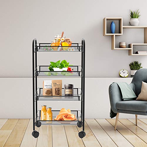 JEKOSEN 4 Tier Metal Rolling Cart Mesh Wire Storage Carts with Wheels Utility Cart Organizer for Kitchen, Home, Office 4 Wire Baskets Lockable Wheels Black