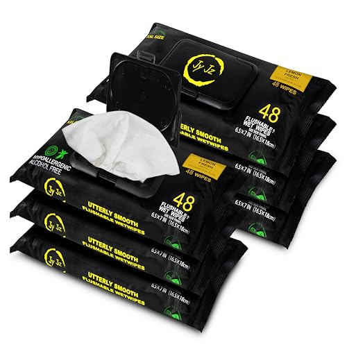 Image of Flushable Wet Wipes, 6 Pack (288 Wipes), New & Improved Lemon Fresh, Disposable, Biodegradable, XL, Aloe & Vitamin-E, Marine Life Friendly, Utterly Smooth, Bespoke Freshness, Irresistible!